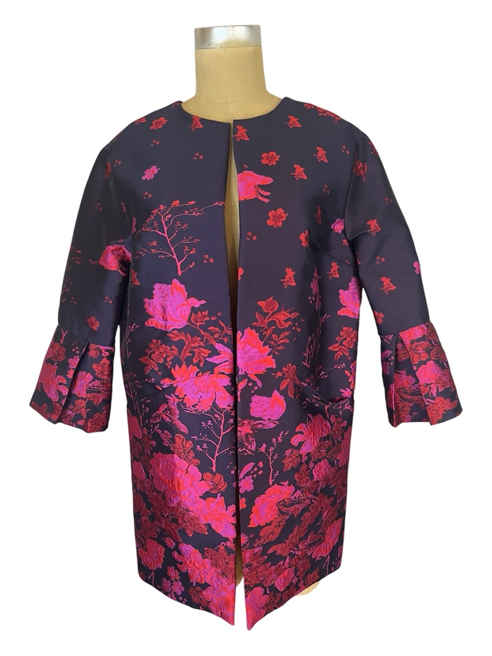 Eva Franco Navy with Red/pink Floral Satin Jacquard Open Front Pleat Sl Jacket